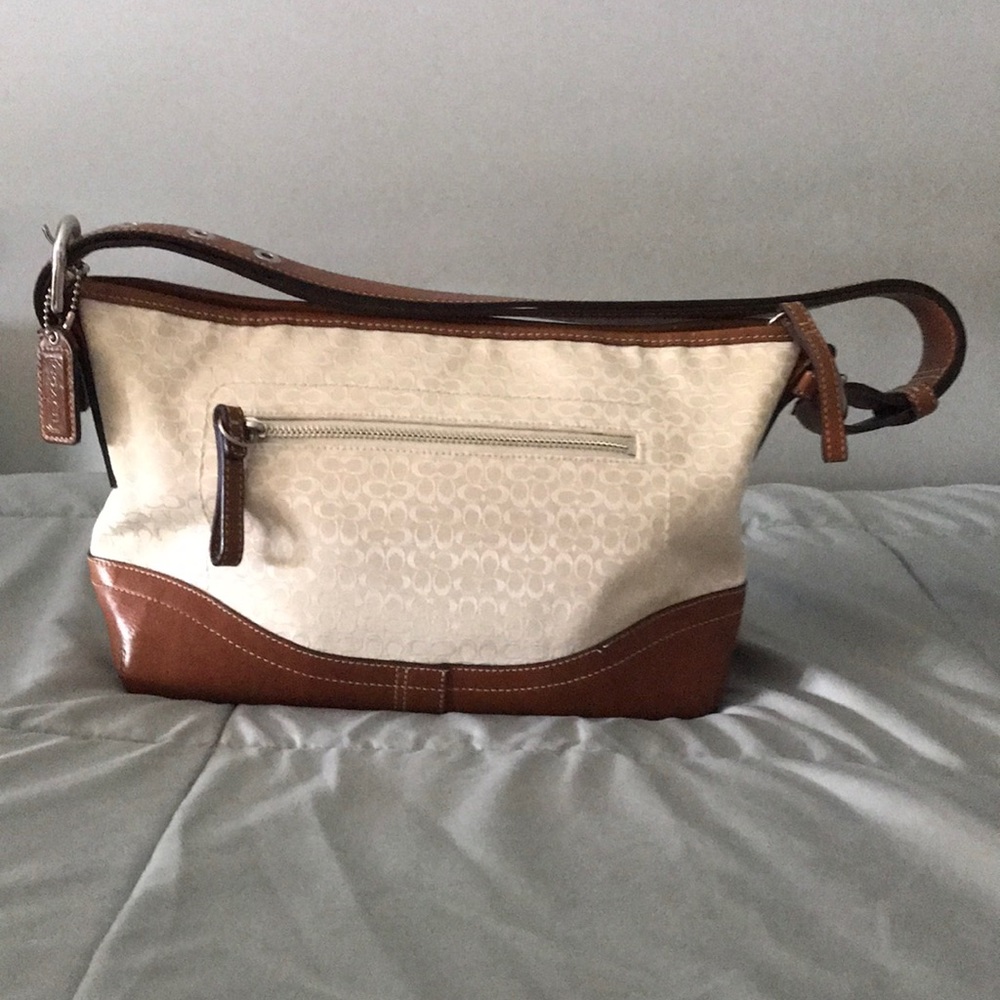 Coach Signature Cream Fabric & Brown Leather Bag